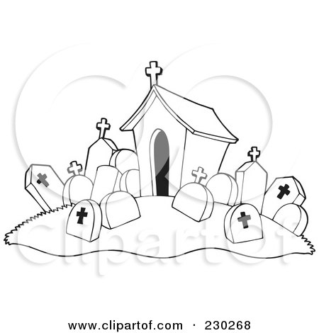 Royalty-Free (RF) Clipart Illustration of a Coloring Page Outline Of A Cemetery by visekart