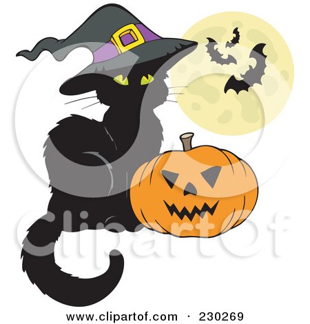 Royalty-Free (RF) Clipart Illustration of a Witch Cat By A Jackolantern, With A Full Moon And Bats by visekart