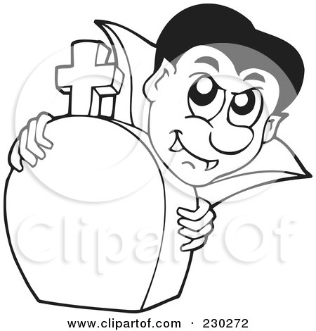 Royalty-Free (RF) Clipart Illustration of a Coloring Page Outline Of A Vampire And Tombstone by visekart