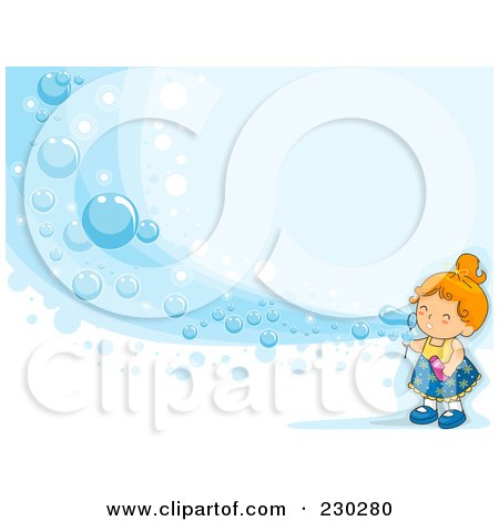 Royalty-Free (RF) Clipart Illustration of a Girl Blowing A Wave Of Bubbles On Blue by BNP Design Studio