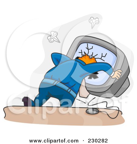 Royalty-Free (RF) Clipart Illustration of a Man Crashing His Head Through A Computer Over Gray by BNP Design Studio