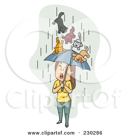 Royalty-Free (RF) Clipart Illustration of Cats And Dogs Raining Down On A Woman Over Gray by BNP Design Studio