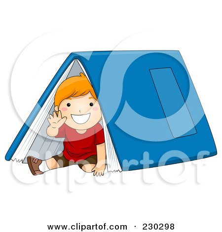 Royalty-Free (RF) Clipart Illustration of a School Boy Waving And Sitting Under A Book Tent by BNP Design Studio