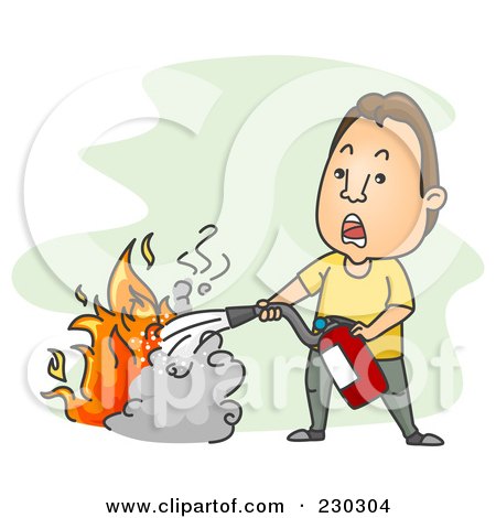 Royalty-Free (RF) Clipart Illustration of a Man Extinguishing A Fire On Green by BNP Design Studio