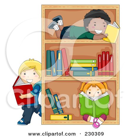 Royalty-Free (RF) Clipart Illustration of Diverse School Kids Reading Books By A Shelf by BNP Design Studio