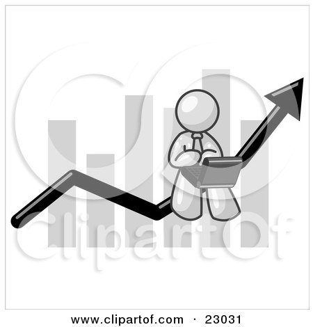 Clipart Illustration of a White Man Using a Laptop Computer, Riding the Increasing Arrow Line on a Business Chart Graph by Leo Blanchette