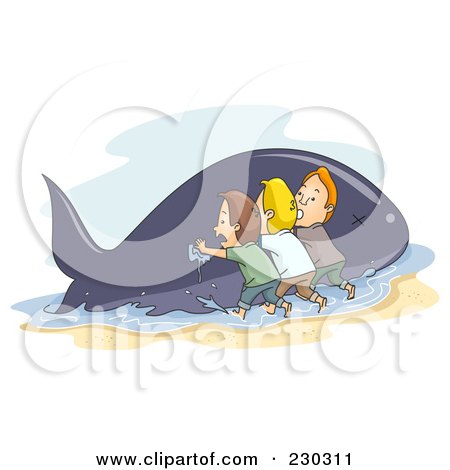 Royalty-Free (RF) Clipart Illustration of a Team Of Men Trying To Save A Beached Whale by BNP Design Studio