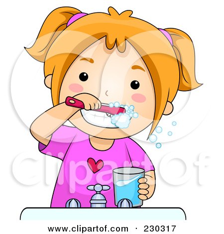 Royalty-Free (RF) Clipart Illustration of a Happy Girl Brushing Her Teeth by BNP Design Studio