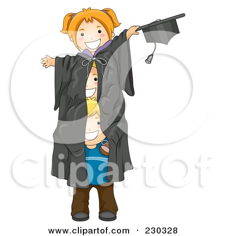 Royalty-Free (RF) Clipart Illustration of Three Kids In A Giant Graduation Gown by BNP Design Studio