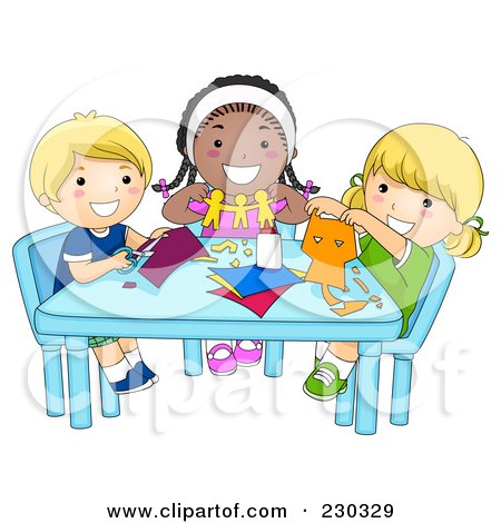 Royalty-Free (RF) Clipart Illustration of Diverse School Kids Cutting Paper In Art Class by BNP Design Studio