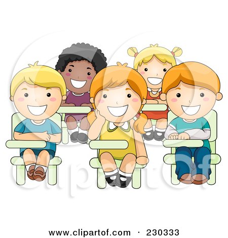 Royalty-Free (RF) Clipart Illustration of Diverse School Kids Sitting At Their Desks by BNP Design Studio