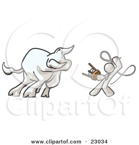 Clipart Illustration of a White Man Holding a Stool and Whip While Taming a Bull, Bull Market by Leo Blanchette