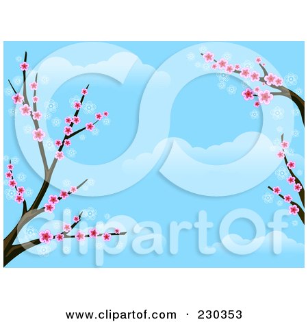 Royalty-Free (RF) Clipart Illustration of a Cherry Blossom Tree Branch And Blue Sky Background by BNP Design Studio