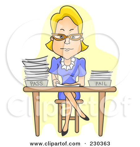 Royalty-Free (RF) Clipart Illustration of a Strict Teacher Sitting At Her Desk And Grading Papers Over Yellow by BNP Design Studio