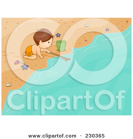 Royalty-Free (RF) Clipart Illustration of a Boy Playing With A Stick In The Surf On A Beach by BNP Design Studio