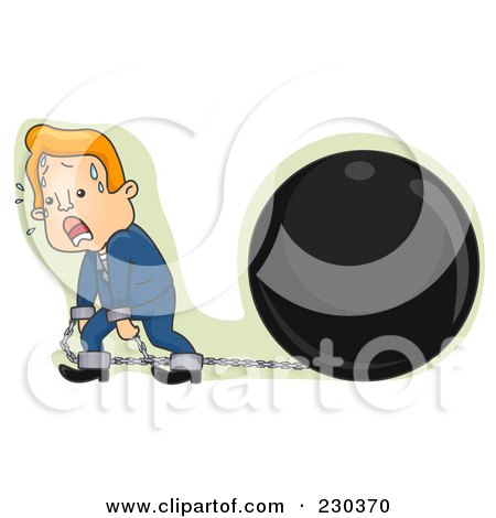 Royalty-Free (RF) Clipart Illustration of a Businessman Pulling A Huge Ball And Chain by BNP Design Studio