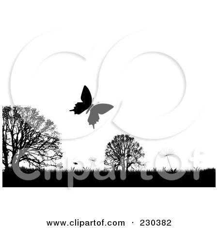 Royalty-Free (RF) Clipart Illustration of a Silhouetted Butterfly Over Trees And Grass, With White Copy Space by michaeltravers