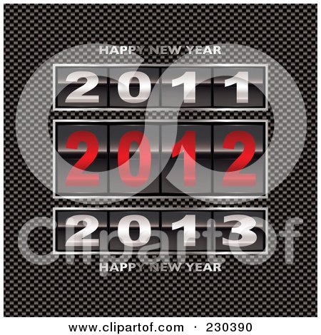 Royalty-Free (RF) Clipart Illustration of 2011, 2012 And 2013 Counters With Happy New Year Text On Carbon Fiber by michaeltravers
