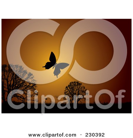 Royalty-Free (RF) Clipart Illustration of a Silhouetted Butterfly At Sunset Over Trees by michaeltravers