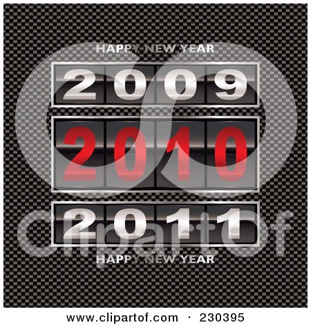 Royalty-Free (RF) Clipart Illustration of 2009, 2010, And 2011 Counters With Happy New Year Text On Carbon Fiber by michaeltravers