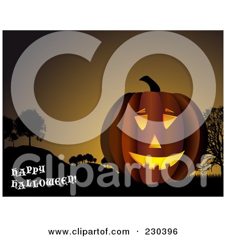 Royalty-Free (RF) Clipart Illustration of a Happy Halloween Greeting By A Jackolantern In A Hilly Landscape by michaeltravers