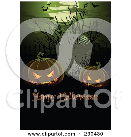 Royalty-Free (RF) Clipart Illustration of a Happy Halloween Greeting With Jackolanterns In A Graveyard by Pushkin