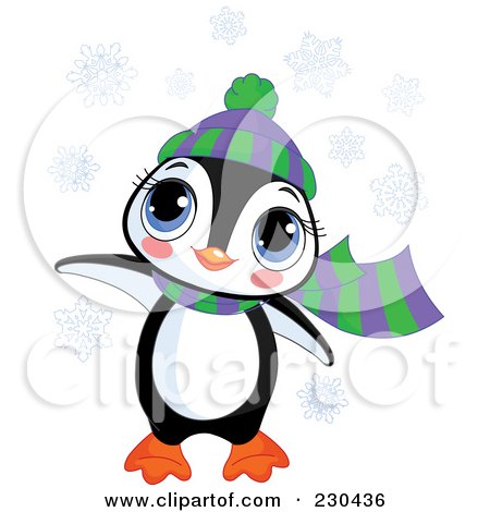 Royalty-Free (RF) Clipart Illustration of a Cute Baby Penguin Wearing A Hat And Scarf In The Snow by Pushkin