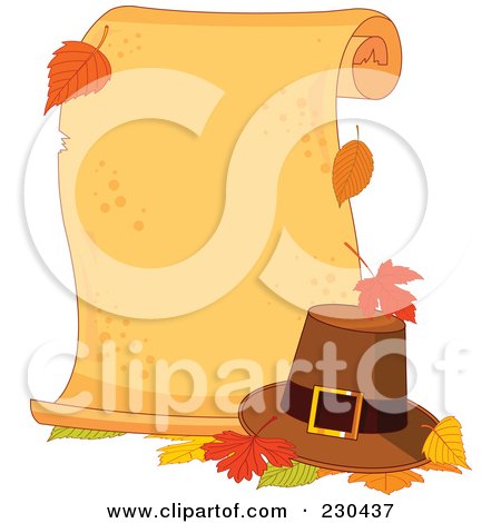 Royalty-Free (RF) Clipart Illustration of a Blank Thanksgiving Parchment Scroll With Autumn Leaves And A Pilgrim Hat by Pushkin