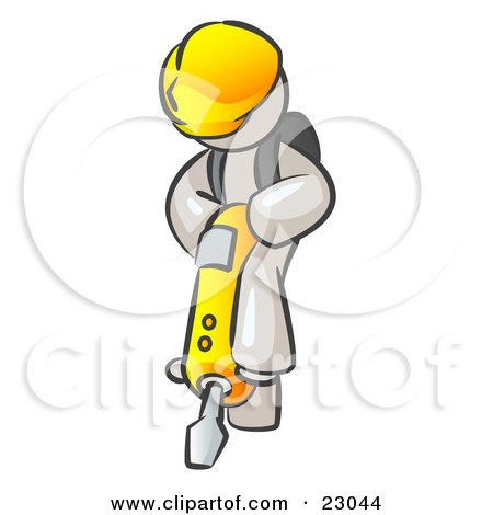Clipart Illustration of a White Construction Worker Man Wearing A Hardhat And Operating A Yellow Jackhammer While Doing Road Work by Leo Blanchette