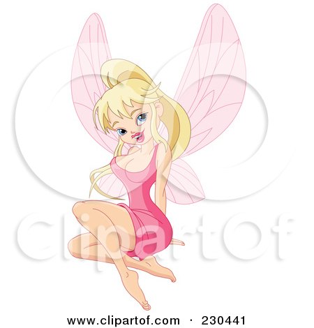 Royalty-Free (RF) Clipart Illustration of a Flirty Blond Fairy Sitting In A Pink Dress by Pushkin
