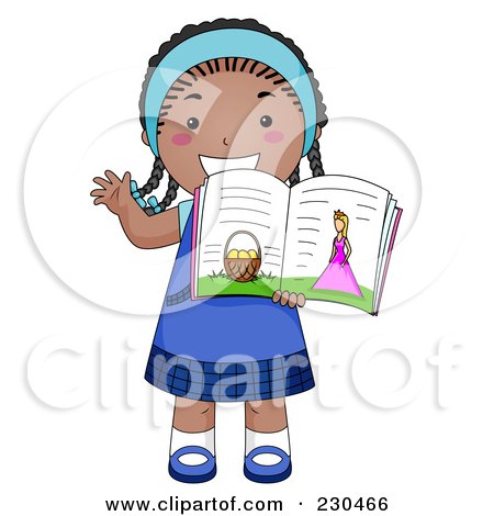 Royalty-Free (RF) Clipart Illustration of a Happy Black School Girl Holding An Open Book by BNP Design Studio