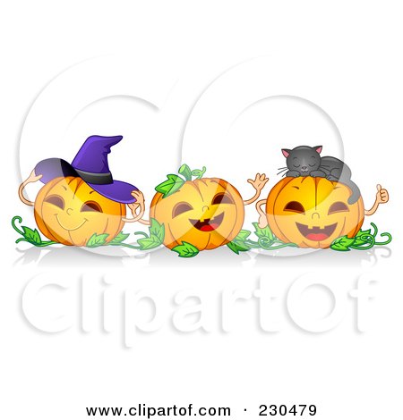 Royalty-Free (RF) Clipart Illustration of a Border Of Three Happy Pumpkins With A Witch Hat And Cat by BNP Design Studio
