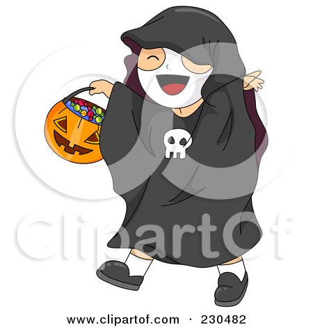 Royalty-Free (RF) Clipart Illustration of a Happy Boy Dressed As A Skeleton And Carrying A Pumpkin Basket by BNP Design Studio