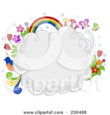 Royalty-Free (RF) Clipart Illustration of a Puffy White Cloud With Flowers, Birds, Butterflies And A Rainbow by BNP Design Studio