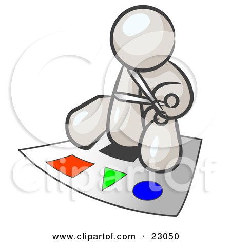 Clipart Illustration of a White Man Holding A Pair Of Scissors And Sitting On A Large Poster Board With Colorful Shapes by Leo Blanchette