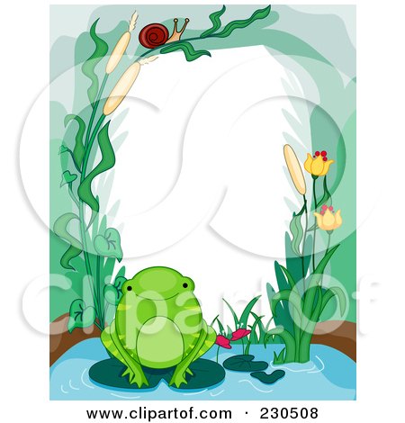 Royalty-Free (RF) Clipart Illustration of a Cute Animal Border Of A Frog And Aquatic Plants Around White Space by BNP Design Studio