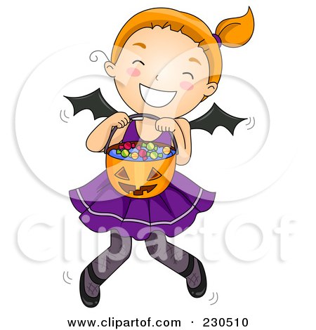 Royalty-Free (RF) Clipart Illustration of a Cute Halloween Girl In A Bat Costume, Holding Her Candy by BNP Design Studio
