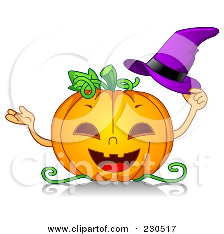 Royalty-Free (RF) Clipart Illustration of a Happy Halloween Pumpkin Holding A Purple Witch Hat by BNP Design Studio