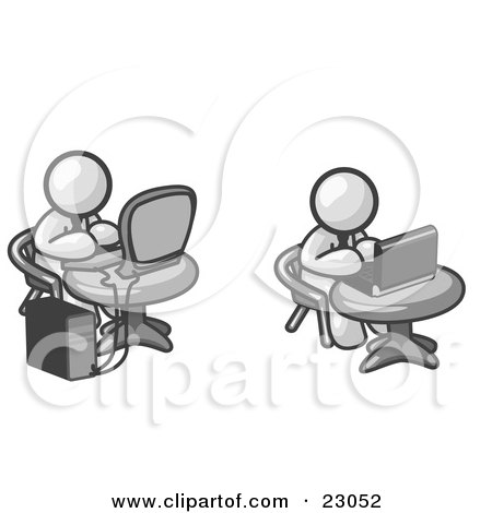 Clipart Illustration of Two White Men, Employees, Working on Computers in an Office, One Using a Desktop, the Other Using a Laptop by Leo Blanchette