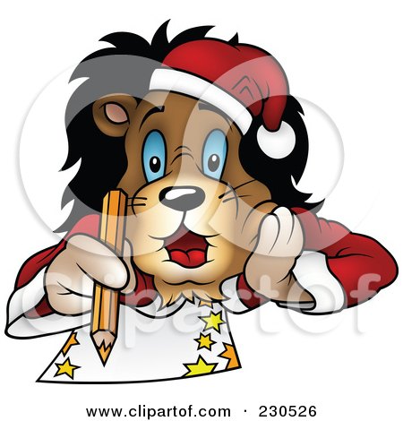 Royalty-Free (RF) Clipart Illustration of a Christmas Lion Laying On His Belly And Drawing by dero