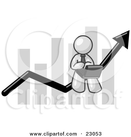 Clipart Illustration of a White Man Conducting Business On A Laptop Computer On An Arrow Moving Upwards In Front Of A Bar Graph, Symbolizing Success by Leo Blanchette