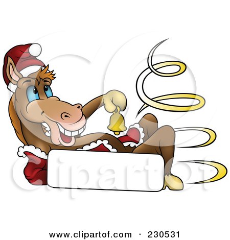 Royalty-Free (RF) Clipart Illustration of a Happy Christmas Horse Ringing A Bell Over A Blank Sign by dero