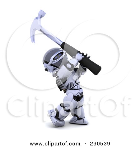 Royalty-Free (RF) Clipart Illustration of a 3d Robot Character Hammering by KJ Pargeter