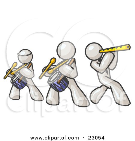 Clipart Illustration of Three White Men Playing Flutes and Drums at a Music Concert by Leo Blanchette