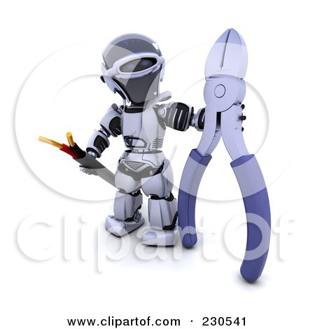 Royalty-Free (RF) Clipart Illustration of a 3d Robot Character Holding A Cable And Cable Cutters by KJ Pargeter