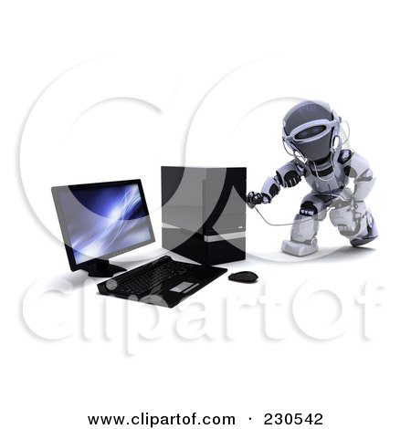 Royalty-Free (RF) Clipart Illustration of a 3d Robot Character Checking A Computer by KJ Pargeter