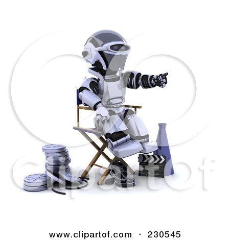 Royalty-Free (RF) Clipart Illustration of a 3d Robot Character Directing A Movie by KJ Pargeter