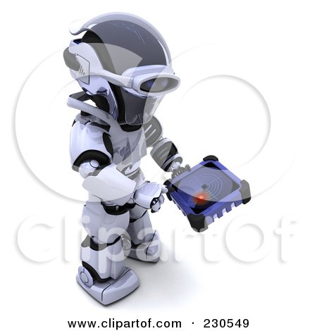 Royalty-Free (RF) Clipart Illustration of a 3d Robot Character Using A Radar Screen by KJ Pargeter