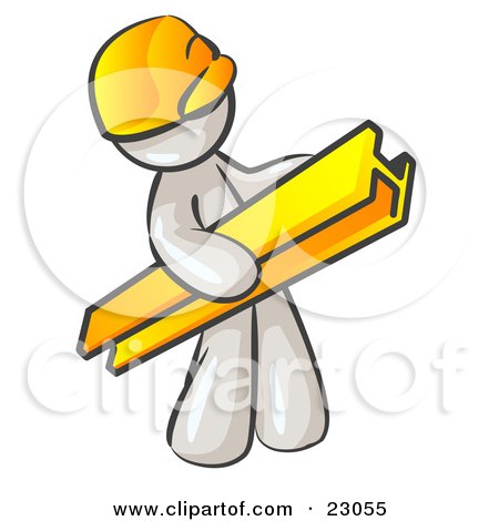 Clipart Illustration of a White Man Construction Worker Wearing A Hardhat And Carrying A Beam At A Work Site by Leo Blanchette