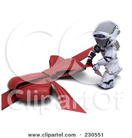 Royalty-Free (RF) Clipart Illustration of a 3d Robot Character Pulling On A Giant Red Bow by KJ Pargeter